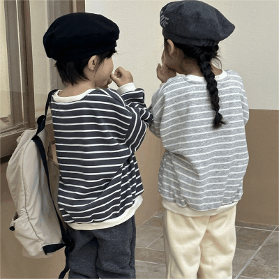 秋冬 ナチュラル系 ユニセックス 裏ボア裏起毛 プルオーバー 厚手 フーディ上着 ボーダー柄 80-150