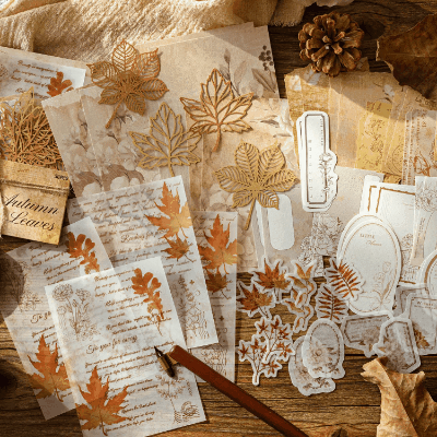 シール ステッカー 素材紙カード メモ紙ペーパー アンティーク 花フラワー バタフライ蝶 珈琲 56枚入