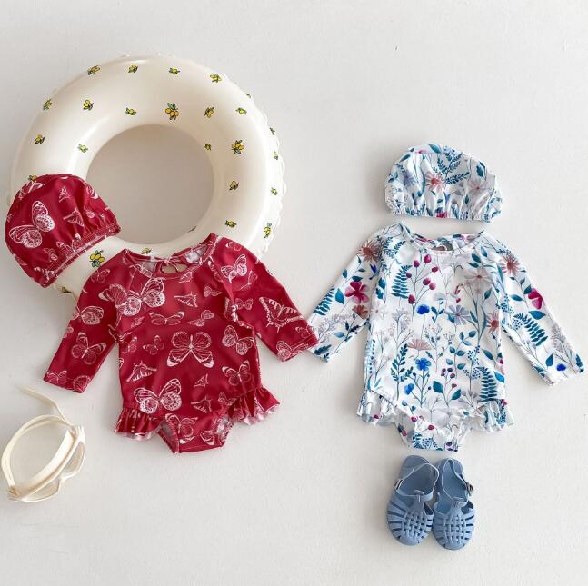 「2024」子供服★水着+帽子★連体服★長袖★韓国風子供服★ベビー★2色★66-100CM