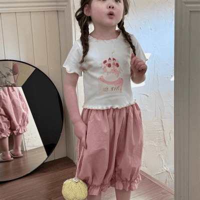 春夏新作 ガールズ 3-8歳 ハーフスリーブ ガウチョパンツ フリル 上着 Tシャツ+七分丈ズボン 5-13