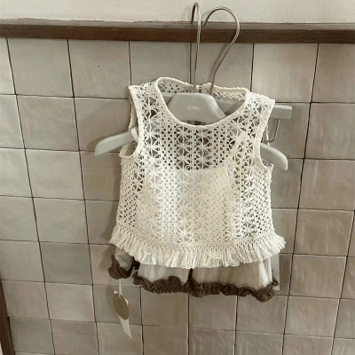 春夏新作 ガールズ 3-8歳 フリル フリンジ ミニスカート 袖なし上着+キャミソール +スカート 5-13