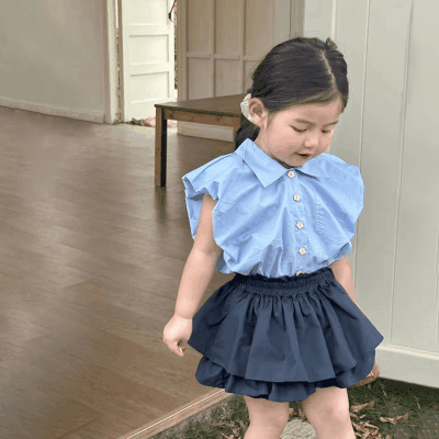 春夏新作 ガールズ 3-8歳 ニッカボッカ ブラウス  パフ・スリーブ上着 シャツ +ショートパンツ 5-13