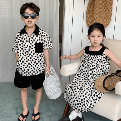 韓国風子供服 ハート 2024春夏 姉妹兄弟コーデ ワンピース&シャツ上着 トップス 半ズボン 90-150cm