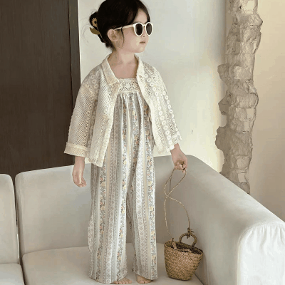 韓国風子供服 春夏 ガール3-8歳 花柄 ジャケット 連体服 ガウチョパンツ フリル 連体ズボン 7-17