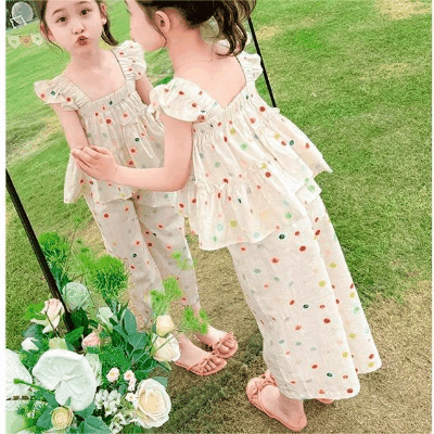 春夏新作 ガールズ 3-8歳 フリル ガウチョパンツ ドット柄 袖なし上着 シャツ+七分丈ズボン 5-13