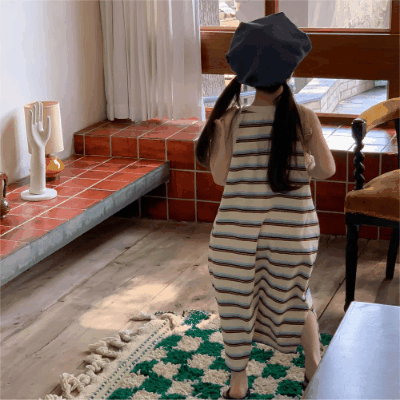 春夏 韓国風子供服 ガール ボーダー柄 ロングスカート 袖なし シフトドレス ワンピース ワンピ 80-150