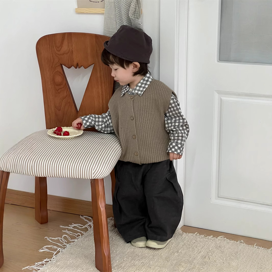 2025新作★子供服　格子シャツ&ニットベスト&ズボン分けて★73CM〜100cm