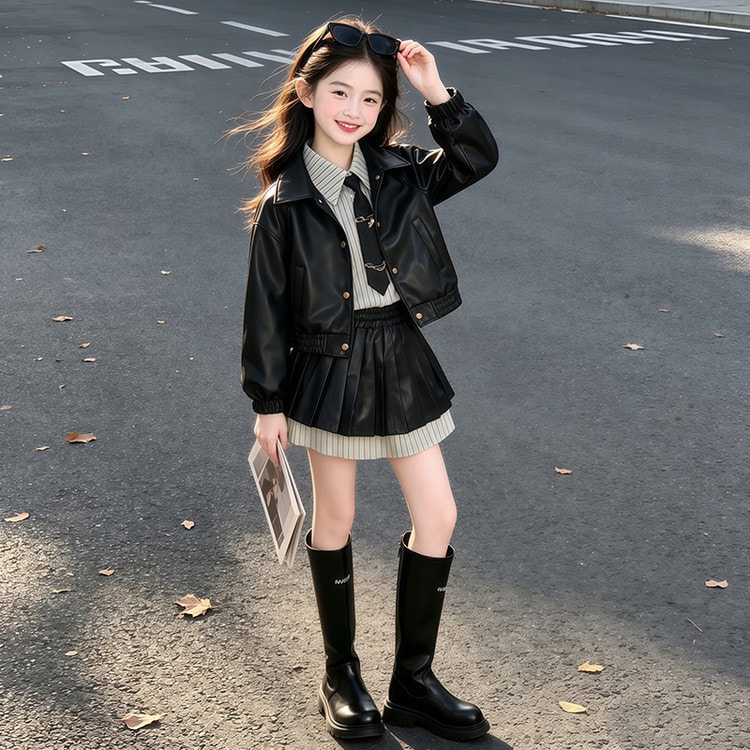 2026秋新品★子供服　重ね着コート+タイツ+スカート　セットアップ★120cm〜170cm 3色