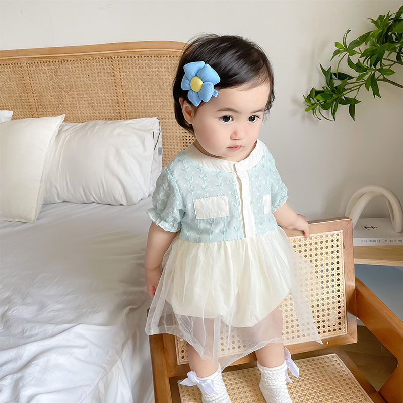 韓国風子供服 お勧め 春夏新作 カバーオール 半袖連体服 花柄刺繍 チュールスカート付ロンパース 66-100