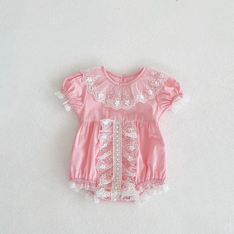 お勧め 春夏新作 子供服 カバーオール 女の子 半袖連体服 フリル 花柄刺繍レース ロンパース66-90