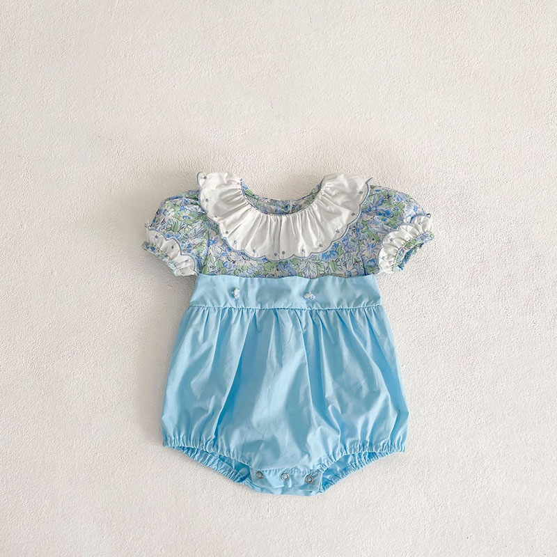 お勧め 春夏新作 子供服 カバーオール 女の子 半袖連体服 花柄フリル 重ね着風 ロンパース 66-90