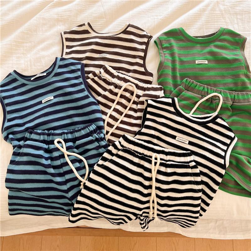 夏新作★♪韓国風子供服 ★♪ニットしま★♪袖なし★♪2点セット★♪可愛い★ベビー・キッズ服