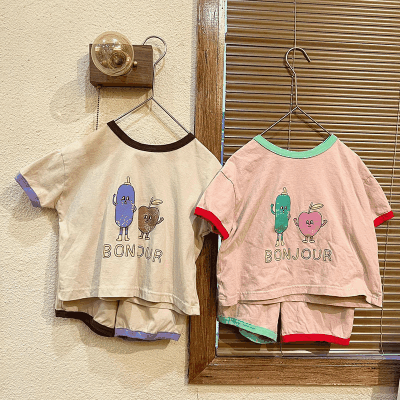 お勧め 春夏新作 韓国風子供服男女 Tシャツ+パンツ 半袖上着 果物プリント ショートパンツ 80-150