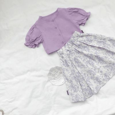 お勧め 2023夏女の子 フリル ブラウス ショートスカート ハーフスリーブ シャツ+花柄スカート 90-140