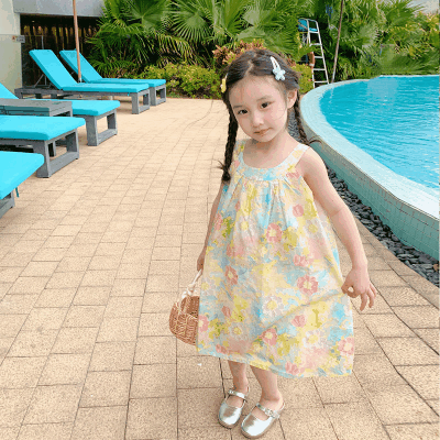 お勧め 2023夏 3-8歳ガール キッズ シフトドレス 花柄 ワンピース ノースリーブドレス ワンピ2色 90-140