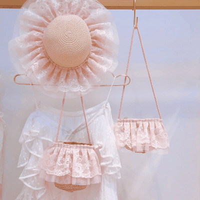 春夏 キッズ かごバッグ 編みバッグ ストローハット 麦わら帽子 ショルダーバッグ  ビーチ海 レースフリル