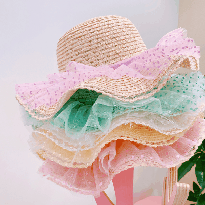 ハワイ 春夏 キッズ少女 ストローハット 麦わら帽子 日焼け止め フリル 草編み ビーチ海 ドット柄 52cm