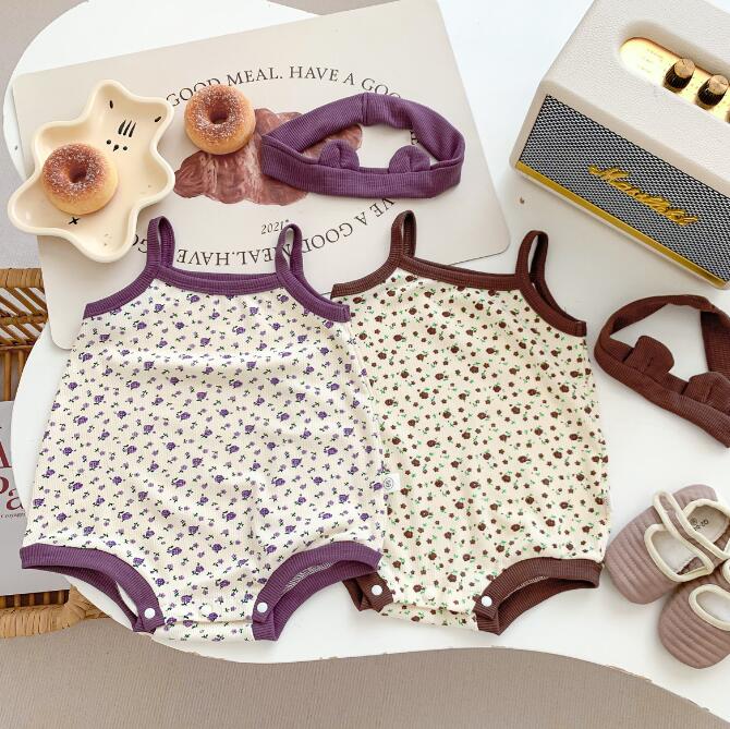 子供服★ロンパース+ヘアバンド★連体服★韓国風子供服★ベビー★花柄★袖なし★2色★66-90CM