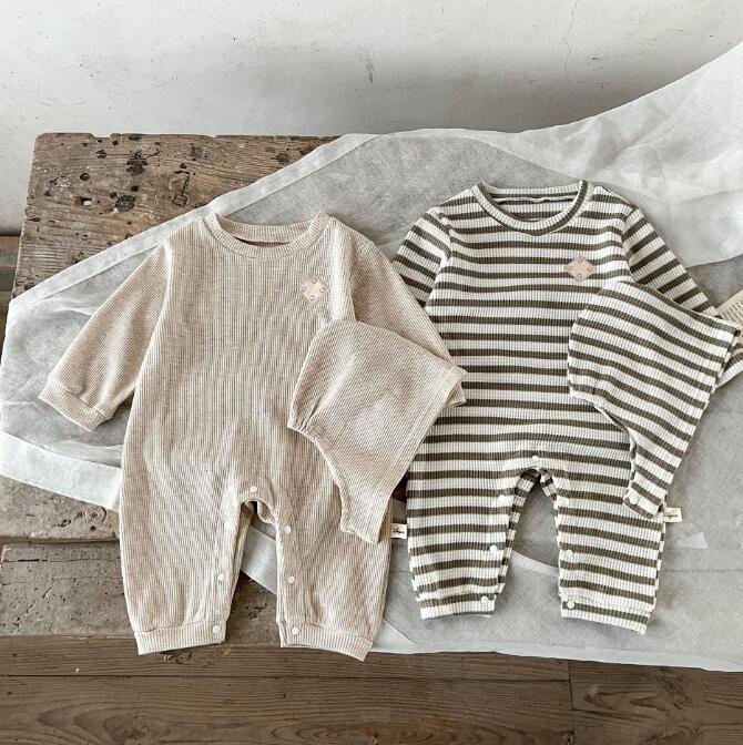 初秋★子供服★ロンパース+帽子★セットアップ★韓国風子供服★ストライプ★2色★66-100CM