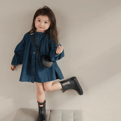 オシャレ春秋 ガールズ ビショップ・スリーブ デニム シフトドレス 短いワンピース ワンピ 7-15