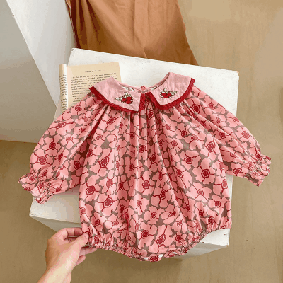 秋冬新作 ガールズ 連体服 フリル 花柄 刺繍襟 オシャレ春秋 ロンパース カバーオール 66-90