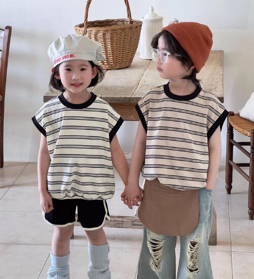 「2024」子供服★トップス★袖なし★Tシャツ★韓国風子供服★ストライプ★2色★80-140CM