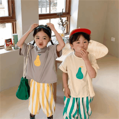 2024春夏 韓国風子供服 姉妹兄弟コーデ ユニセックス 梨 Tシャツ上着 トップス 80-140cm 2色