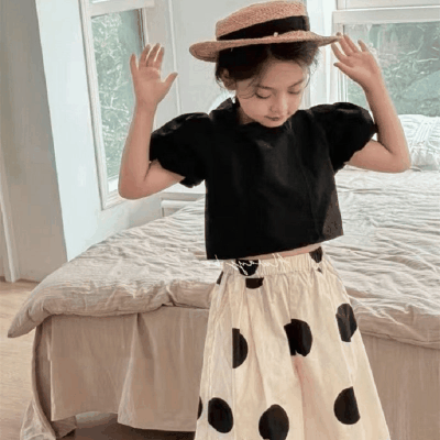 韓国風子供服 春夏 ガールズ 3-8歳 ドット柄水玉 ガウチョパンツ ブラウス上着 シャツ +ズボン 5-13