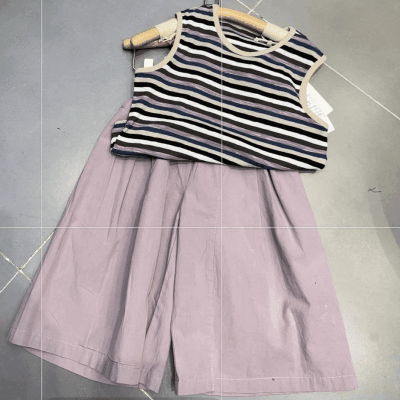 韓国風子供服 ガールズ 3-8歳 ボーダー柄 ガウチョパンツ 袖なし上着 Tシャツ +七分丈ズボン 5-13