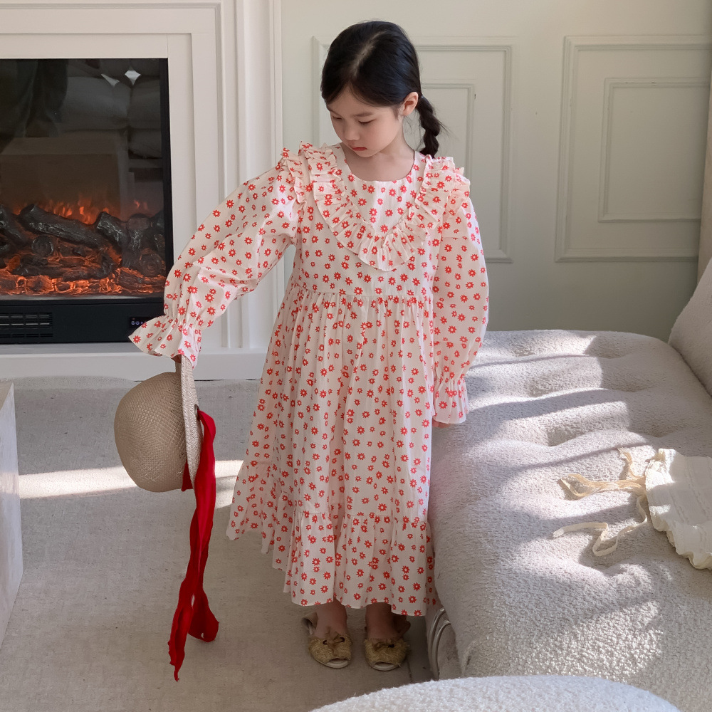 早秋  韓国風子供服 ガール シフトドレス 小花柄 フリル ロングスリーブ ワンピース ワンピ 90-150