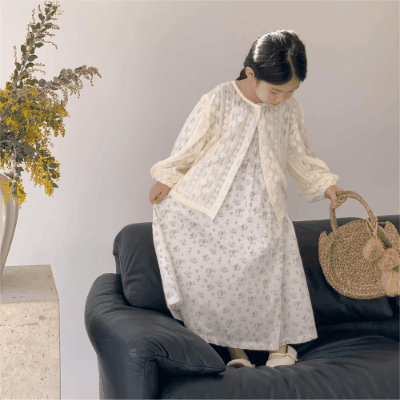 春夏 韓国風子供服 ガール シフトドレス 薄い上着 花柄レース ジャケット 吊りスカート ワンピ 90-150