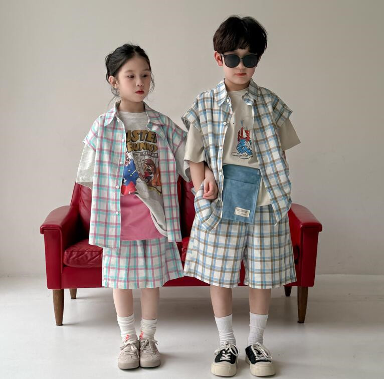 2025夏新品MXM★子供服　格子セットアップ★90cm〜150cm 2色
