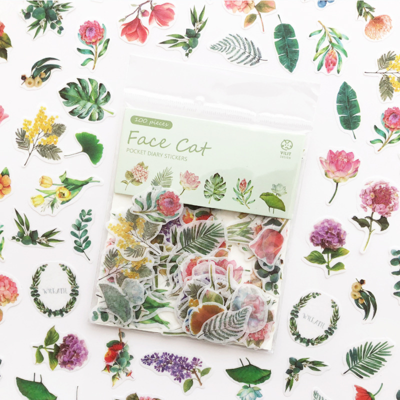 文具 シール貼紙 封口貼 手帳素材 アンティーク 可愛い猫 食べ物デザート果物飲み物 植物花葉 100枚入
