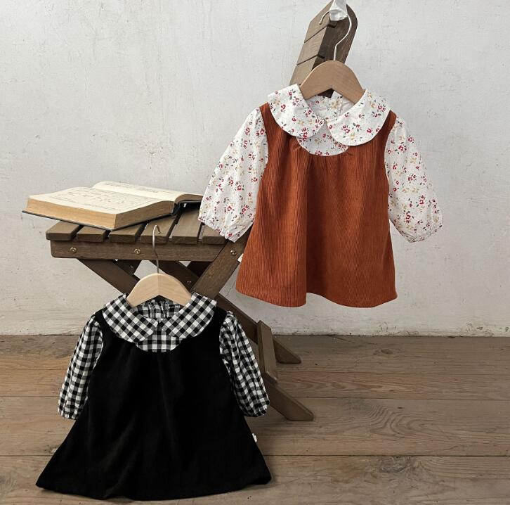 2023新作★子供服★ワンピース★ドッキング★長袖★ベビー★韓国風子供服★2色★66-100CM