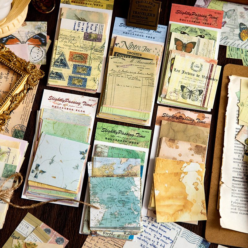 春新作 塩系文具 素材紙メモ紙 手帳素材 アンティーク 植物花葉蝶鳥 手形 マップ 幾何学ラベル 60枚入