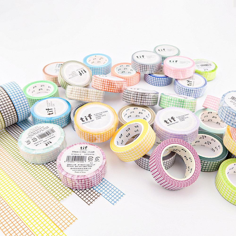 塩系文具 シール貼紙 手帳素材 マスキングテープ マカロンカラー 幾何学チェック柄 15mm*10m 24色
