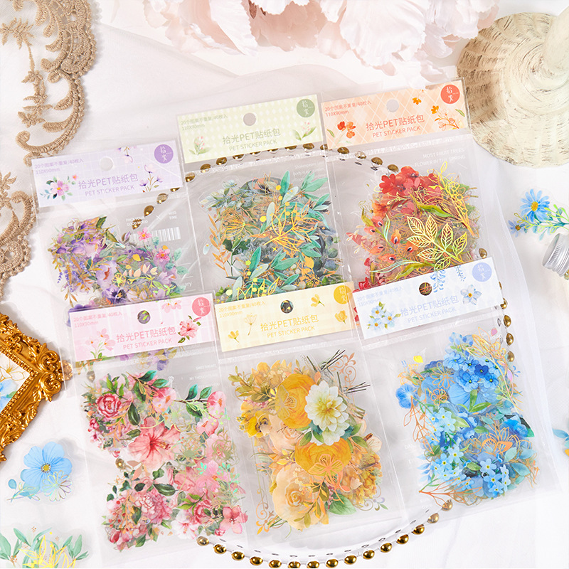 文具 PETシール貼紙 手帳素材 アンティーク 春日 植物花葉 フラワー ラベル 封口貼 イラスト 40枚入