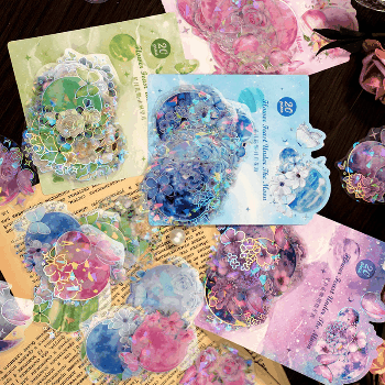 文具 手帳素材 封口貼 PETシール貼紙 キラキラフラワー 春日 ラベル 植物 花葉蝶 20枚入