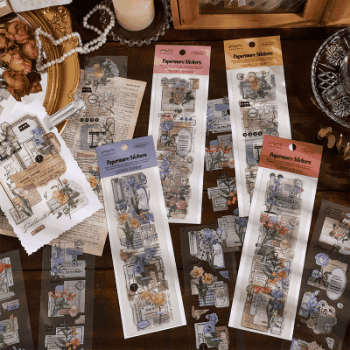 カフェ風 文具 PETシール貼紙 手帳素材 封口貼 アンティーク 植物花葉 ラベル イラスト 春夏新作 6枚入