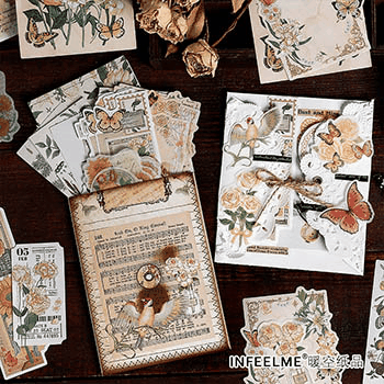 春夏新作 文具 手帳素材 シール アンティーク 植物花葉 イラスト幾何学ラベル 貼紙40枚+素材紙40枚