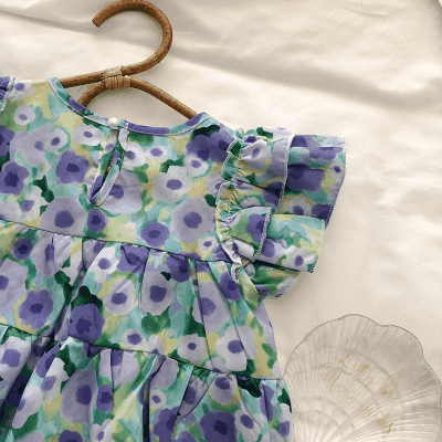 お勧め 23夏 3-8歳キッズ シフトドレス ワンピース 花柄 レトロ フリル ノースリープ ワンピ 90-140