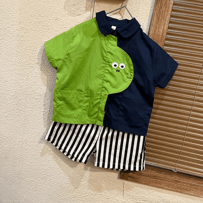 キッズ ボーイズ サマースーツ シャツ+パンツ ハーフスリーブ ストライプ柄 ドッキング ツーピース80-150