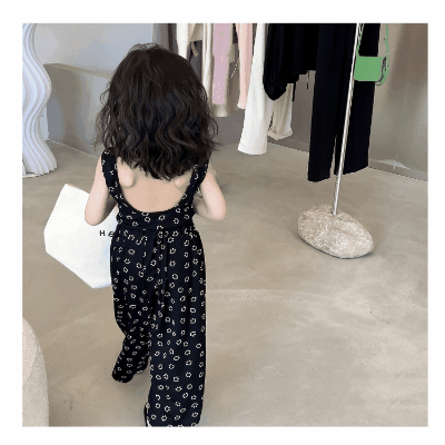 サマー キッズ ガールズ スマイル Uネック ブラウス ワイドパンツ ノースリープ シャツ+パンツ 90-140