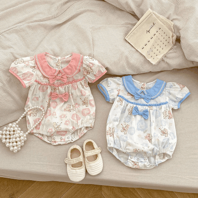 夏新作 ベビー ガールズ 連体服 花柄 ボタニカル フリル リボン 熊 ロンパース カバーオール 66-90