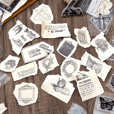 カフェ風 アルバムDIY ハンコ 手帳素材 印鑑 アンティーク 雑貨 人物 幾何学枠 花バタフライ