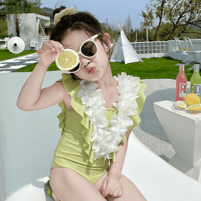 お勧め 春夏 韓国風子供服 キッズ フラワー フリル ワンピース水着 連体水泳服 ノースリープ S-L