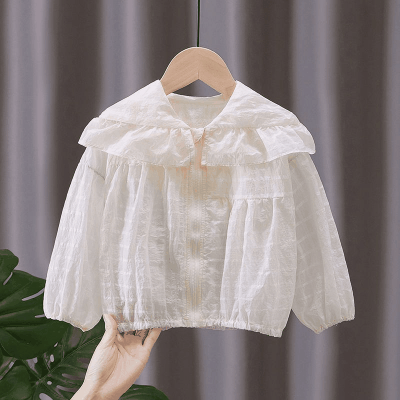 お勧め 春夏新作 ガールズ キッズ 薄いジャケット 日焼け止め 紫外線対策 フード付上着 フリル 90-130