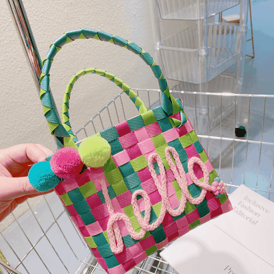 お勧め 春夏 キッズ子供 ポシェット かごバッグ 編みバッグ ガールズ チェック柄 ハンドバッグ ポンポン