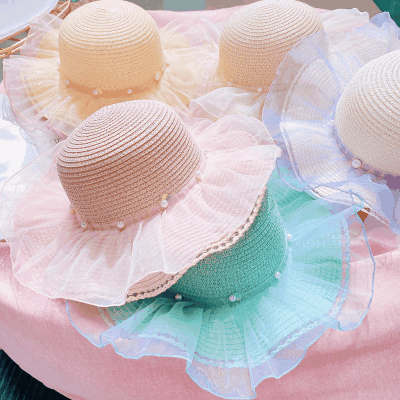 ハワイ 春夏 キッズ少女 ストローハット 麦わら帽子 日焼け止め レースフリル 草編み ビーチ海 パール