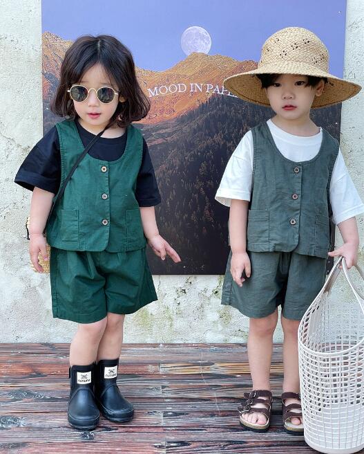 子供服★ベスト+パンツ★セットアップ★韓国風子供服★キッズ★男女兼用★無地★2色★80-130CM